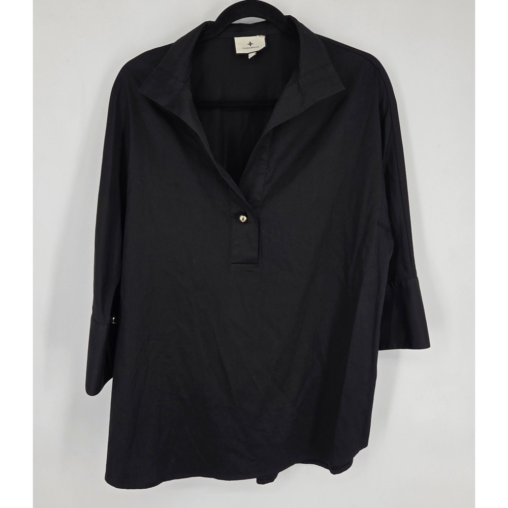 Tuckernuck Willow Blouse Tunic Black Womens Small Cotton Gold Button Stretch